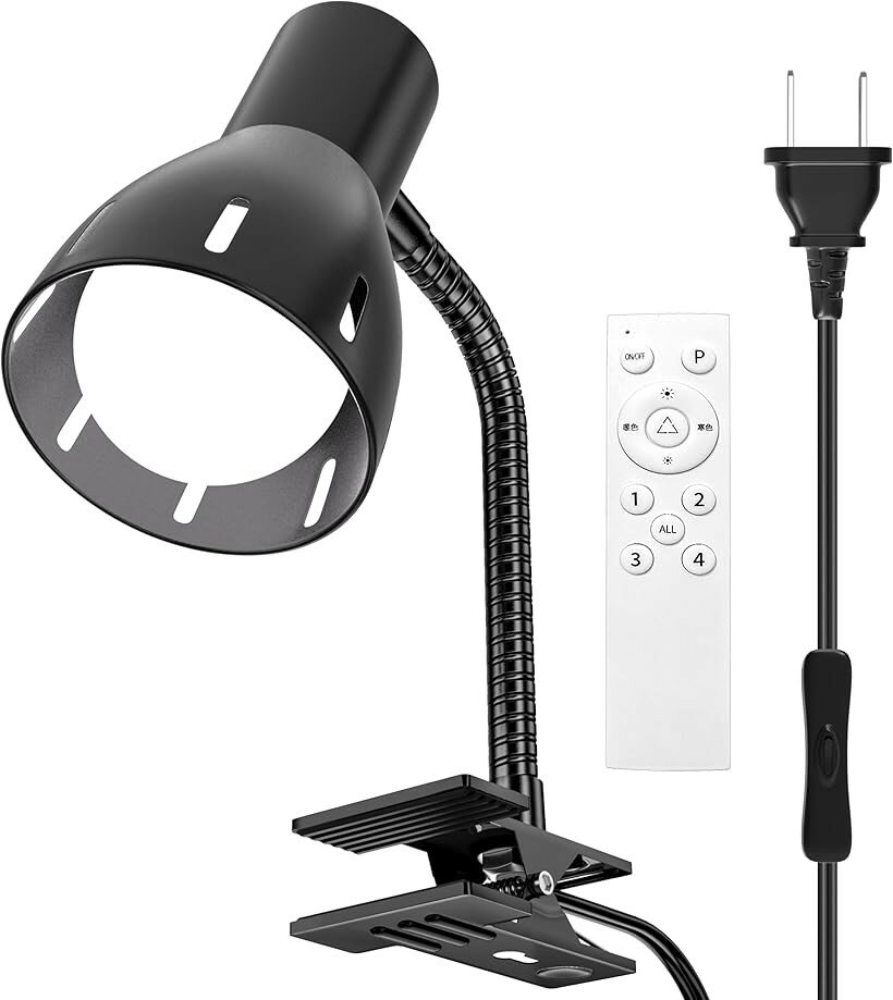 クリップランプ 360°回転可能テーブル E26 ランプホルダー LED 電球付き 屋内用 スイッチソケット付き 屋内照明 ワーク 読書作業 リビングルーム 寝室照明 (ブラック, 電球の色温度-調光調色)
