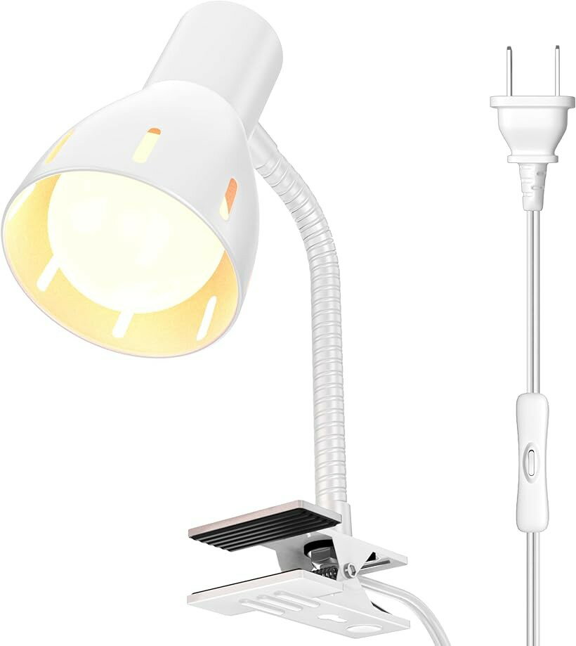 クリップランプ 360°回転可能テーブル E26 ランプホルダー LED 電球付き 屋内用 スイッチソケット付き 屋内照明 ワーク 読書作業 リビングルーム 寝室照明 (ホワイト, 電球の色温度-3000K)