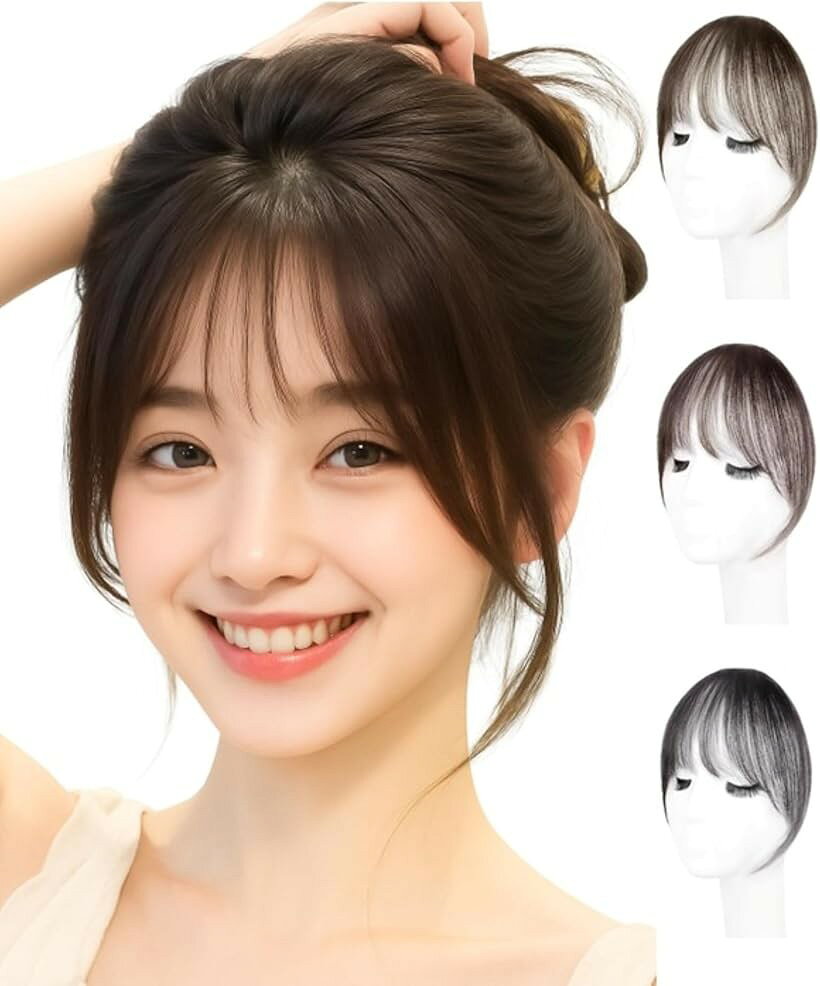 前髪ウィッグ 部分ウィッグ 人毛 ぱっつん シースルーバング 自然 クリップ付き 耐熱 バレない ふわふわ 小顔効果 ボリュームアップ レディース ヘアピース つけ毛 (ナチュラルブラック)