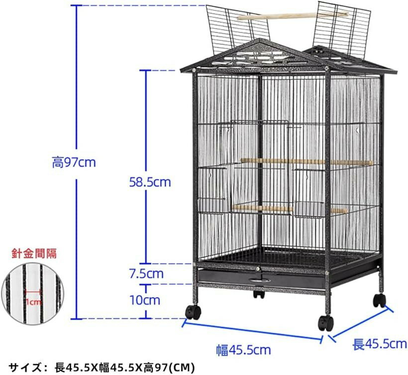 【楽天ランキング1位入賞】鳥かご ケージ 大型 インコ バード 鳥籠 おしゃれ キャスター付き オウム オカメ セキセイ ボタン 文鳥 (セット2, 45.5X45.5X97CM) 3