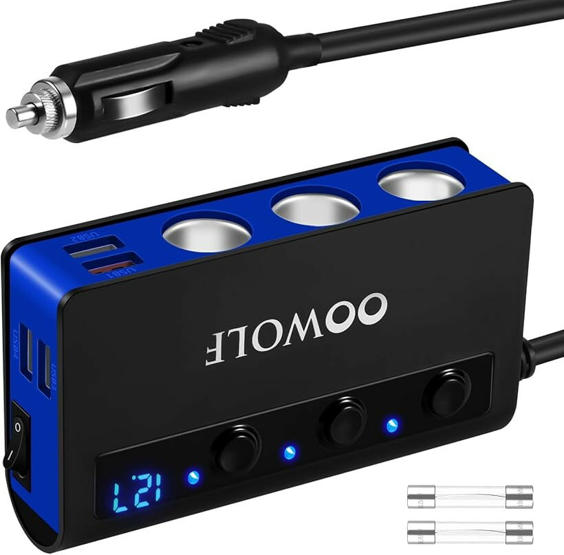 シガーソケット 3連 4ポート付き USB充電器 最大180W スマートIC Quick Charge 3.0 搭載 12-24V車対応 取り替えヒューズ2個付属 青色 (黒青, QC3.0(黒+青))