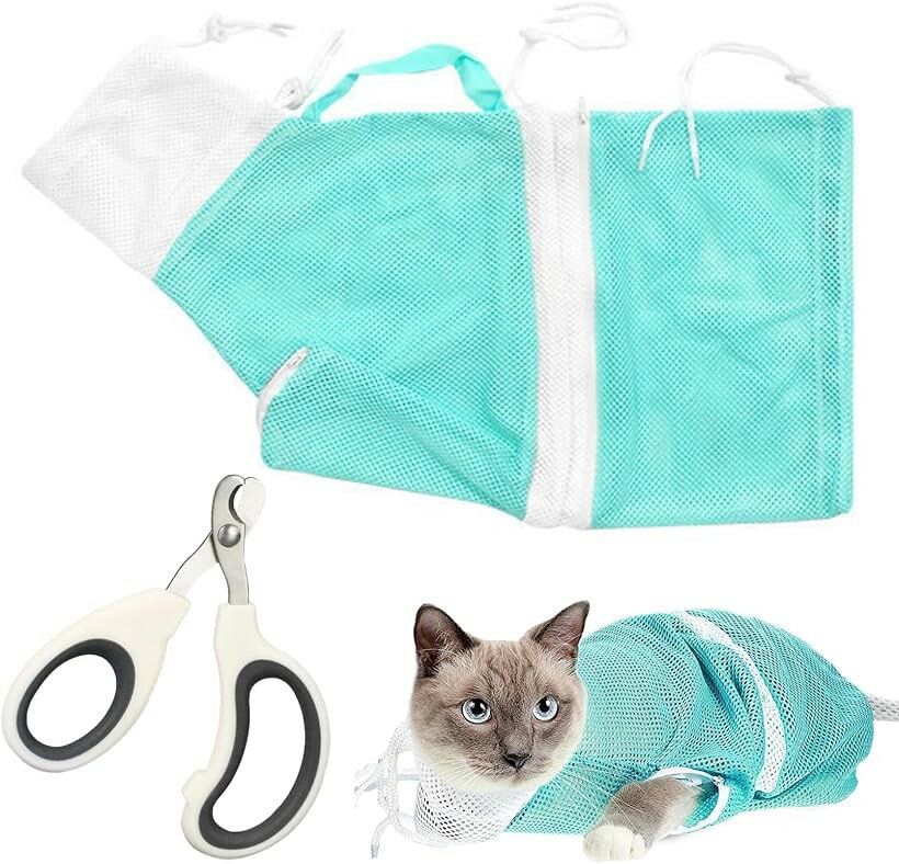 猫用 みのむし袋 爪切り セット ネット 耳掃除 注射 点眼 シャンプー 脱走防止 グ...