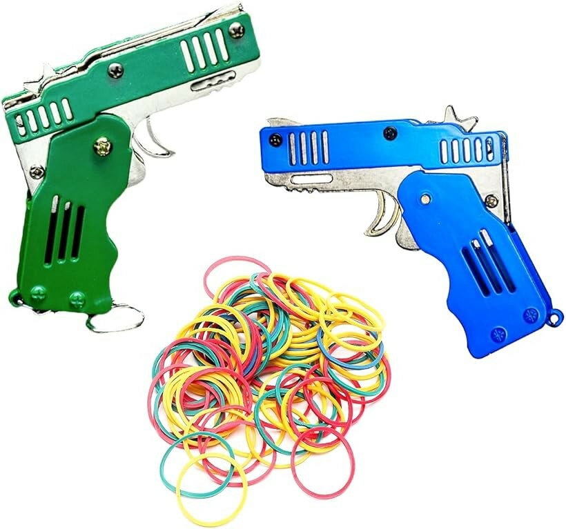 折り畳み式 6連発式輪ゴム 銃 2個セット ゴムバンド 200個付き 小型 ミニ ゴムバン...