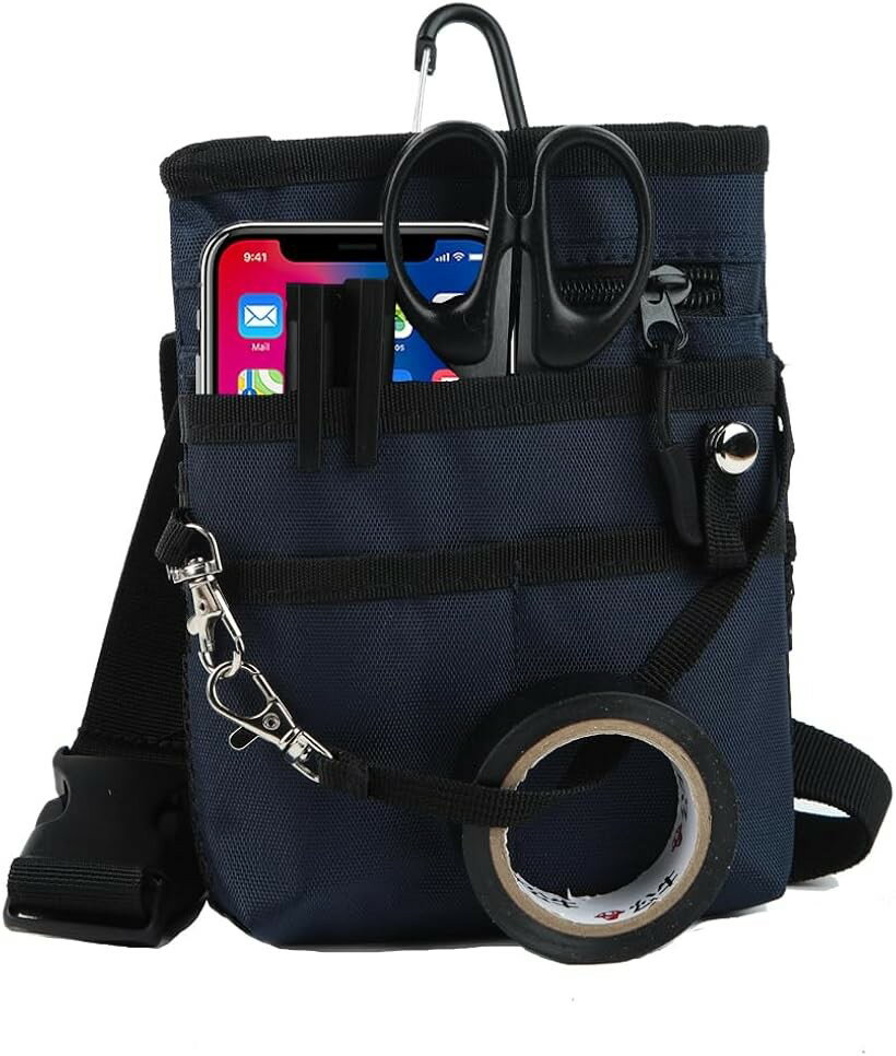 4WAY ミニサコッシュ カラビナ ベルトポーチ ミニショルダー スマホポーチ シザーバッグ ナースポーチ 介護ポーチ 作業ポーチ 腰袋 スマホ2台持ち対応 ウエストベルト ショルダーベルト付き 撥水 防傷加工 (ネイビー, Sサイズ)