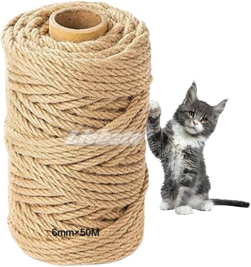 麻ロープ 6mmx50m 麻縄 猫 爪とぎ 麻紐 ジュートロープ 爪を磨き キャットタワー用 キャットクライミングフレーム 手作り DIY 園芸 (茶, 50m)