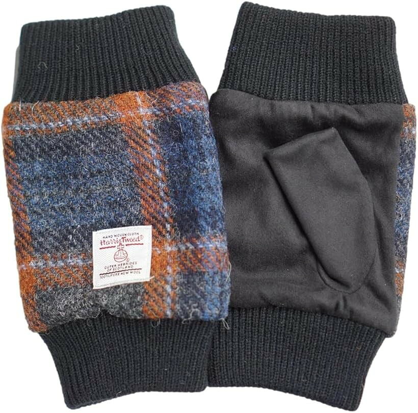 Harris Tweed メンズ゛ミテーヌ ハリス ツイード 可愛い 裏ボア クリスマスプレゼント 防寒 大きめ ゆったり グローブ チェック ウール アームカバー 手袋 ケース付 (オレンジチェック, M)