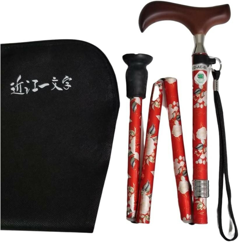 愛杖 つえ 折りたたみ杖 軽量 伸縮 ステッキ 日本ブランド コンパクト 身長目安148cm～168cm 花柄レッド (花柄レッド)