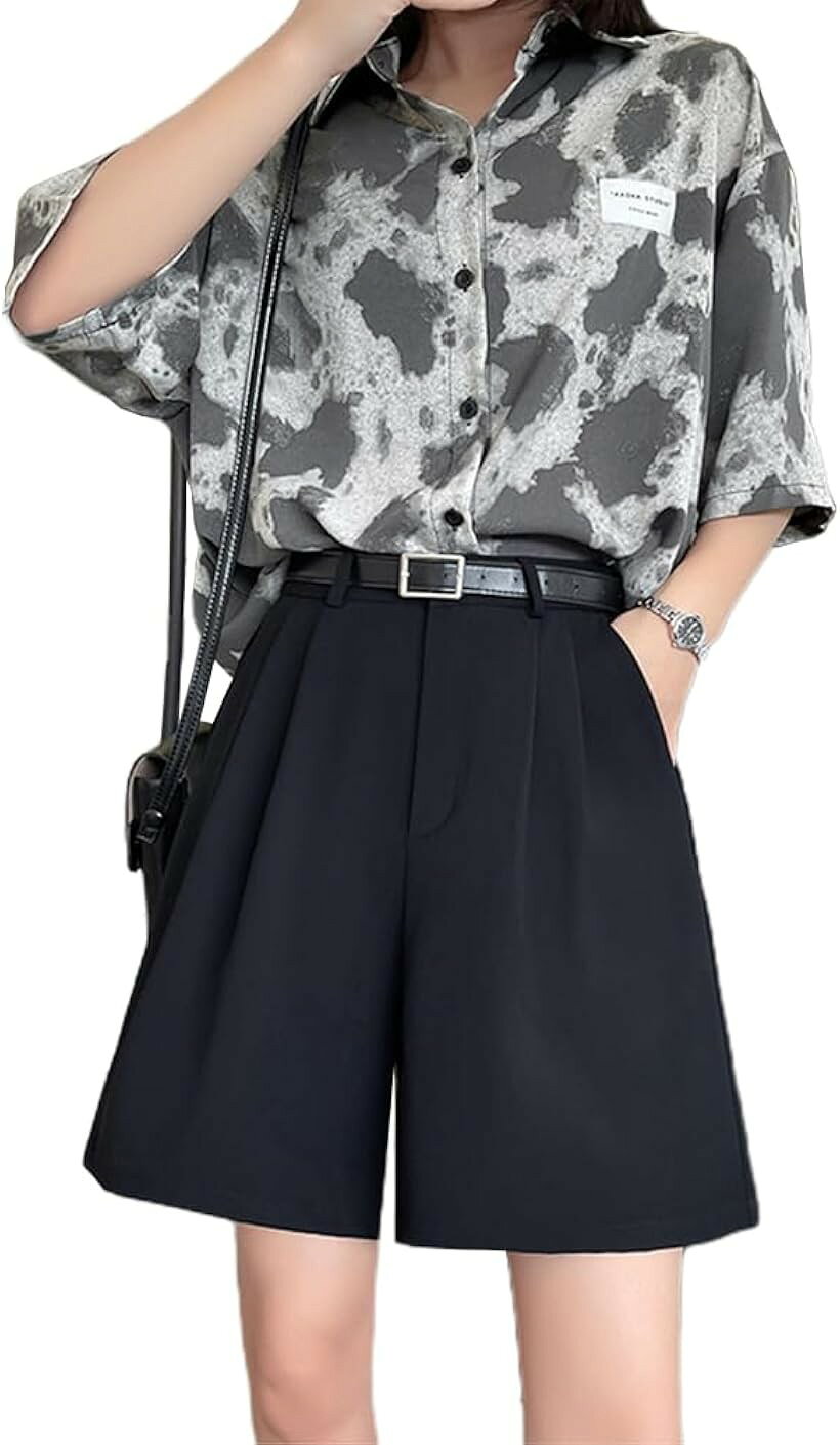 ハイウエスト ショートパンツ レディース 半ズボン 短パン ゆったり カジュアル 涼しい キュロットパンツ 脚長 Aライン 夏 無地 通勤 A8153 (ブラック, S)