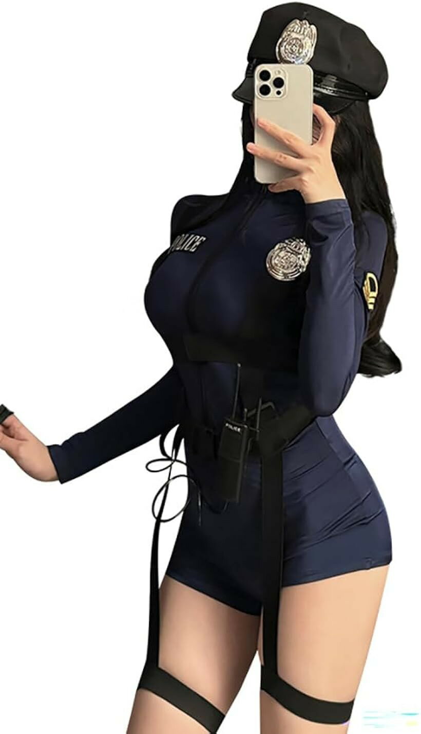 ポリス コスプレ レディース セクシー オールインワン 帽子 トランシーバー 3点セット (ブルー, Free Size)