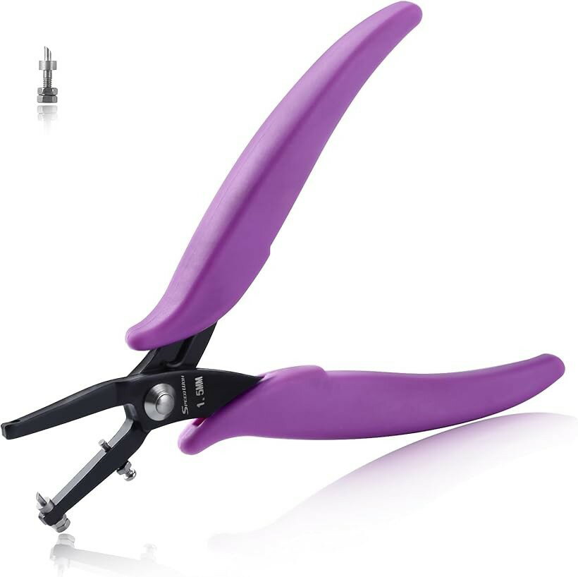 穴あけパンチ 小型 1.5mm 穴開けパンチ 1穴 ホールパンチプライヤー 1つ穴 金属穴パンチツール 金属ホールパンチプライヤー ペンチ 予備ピン付き (パープル, 1.5mm 長いタイプ)