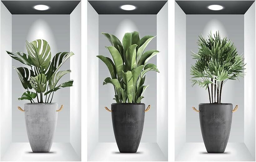 ウォールステッカー 観葉植物 壁紙シール ウォールシール 鉢植え インテリア ロング 3本 (グリーン)