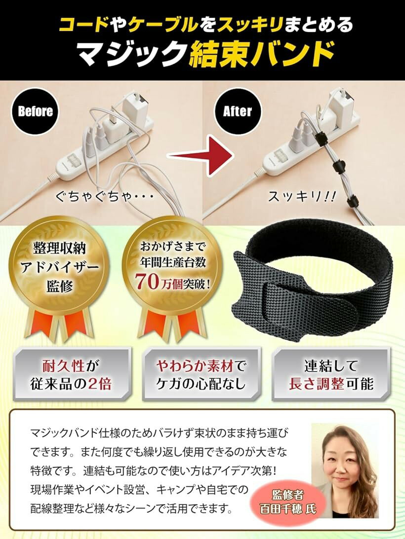 整理収納士監修 結束バンド マジック付きテープ 耐久力2倍。 コード まとめる ケー...