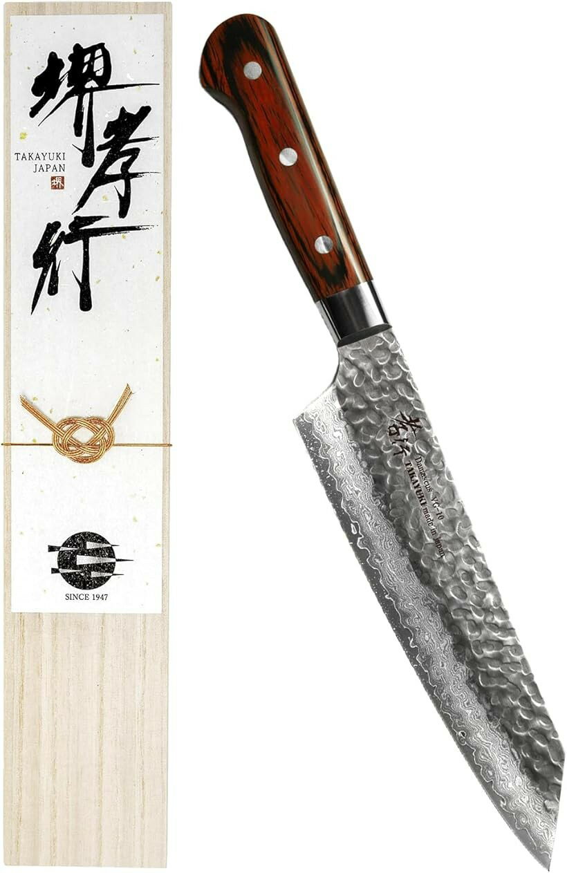 堺孝行 プロの料理人が愛用する包丁ブランド ダマスカス 剣型 牛刀 190mm V金10号 vg10 万能包丁 33層槌目 マホガニー柄 青木刃物製作所 型番dg19001 (ダークブラウン, 剣型牛刀 190mm)
