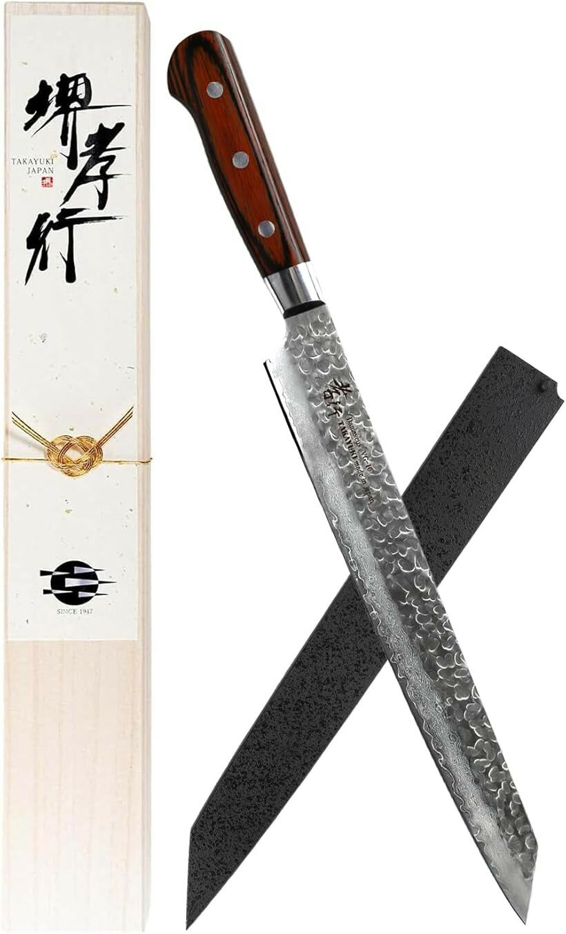 堺孝行 プロの料理人が愛用する包丁ブランド ダマスカス 柳刃 270mm 柳葉包丁 刺身包丁 剣型 両刃 V金10号 vg10 33層槌目 マホガニー柄 サヤ付き 青木刃物製作所 (ダークブラウン, 柳刃包丁 270mm)