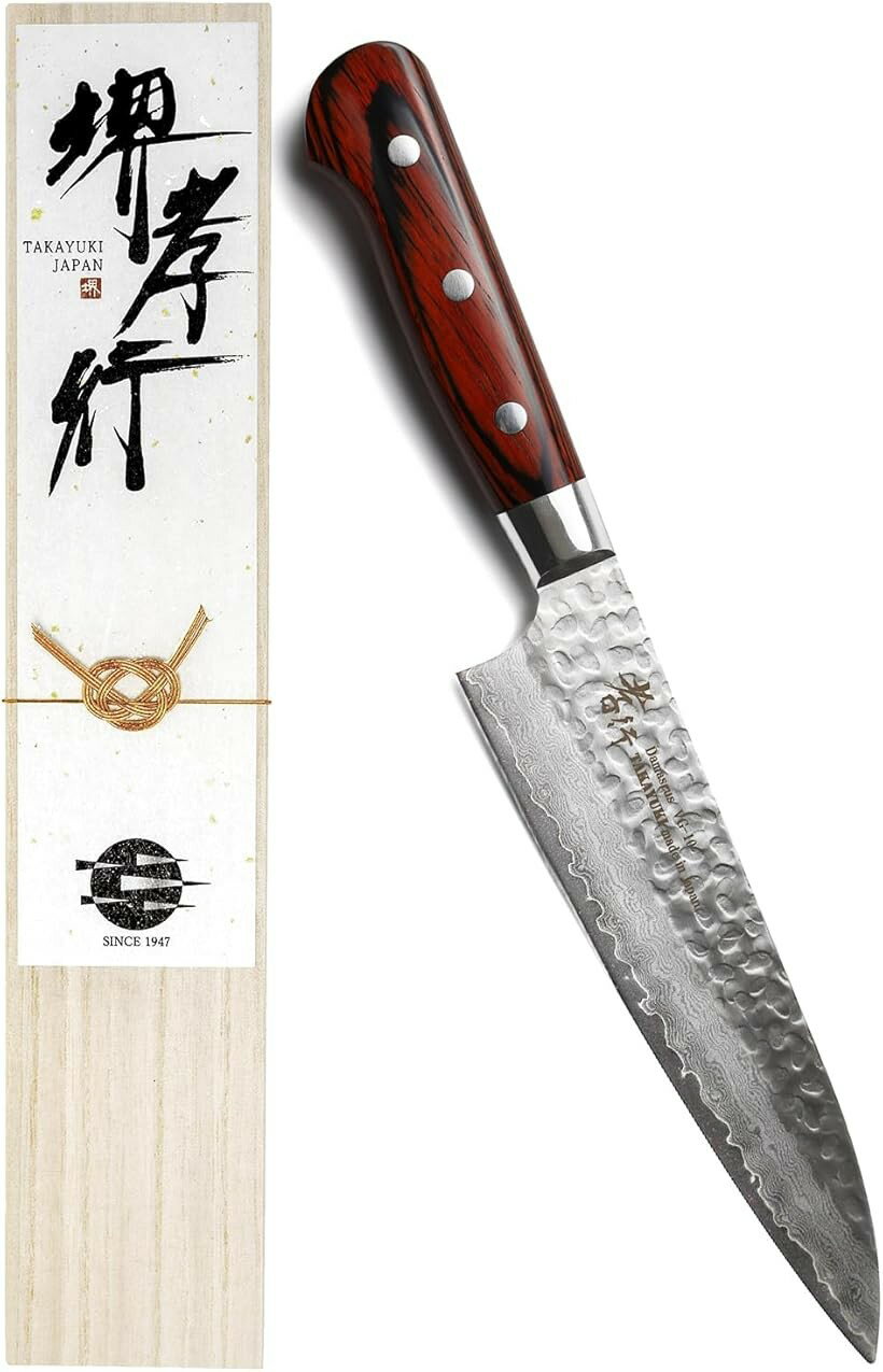 堺孝行 プロの料理人が愛用。600年の伝統技術 ダマスカス 33層槌目 牛刀包丁 180mm マホガニー柄 日本製 ステンレス鋼 V金10号 (ダークブラウン, 180 mm)