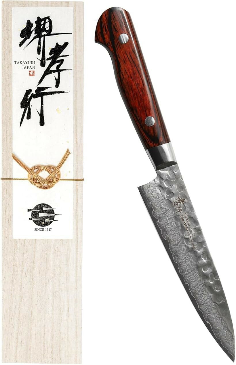 堺孝行 プロの料理人が愛用するブランド ダマスカス ペティナイフ 120mm 果物ナイフ フルーツナイフ V金10号 vg10 万能包丁 33層槌目 マホガニー柄 日本製 青木刃物製作所 (ダークブラウン, ペティナイフ 120mm)