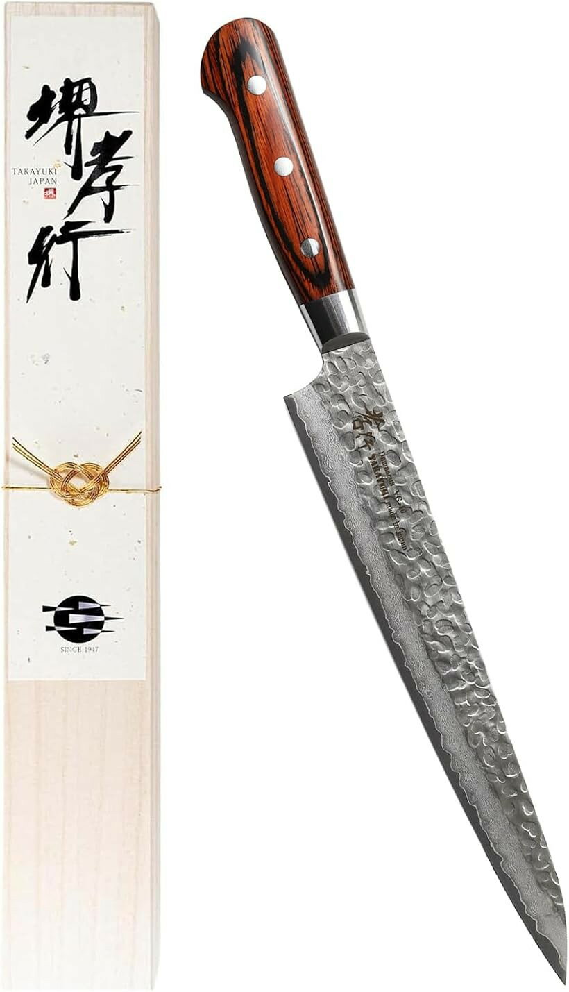 堺孝行 プロの料理人が愛用するブランド ダマスカス 筋引き包丁 240mm V金10号 vg10 33層槌目 マホガニー柄 日本製 青木刃物製作所 (ダークブラウン, 筋引包丁 240mm)