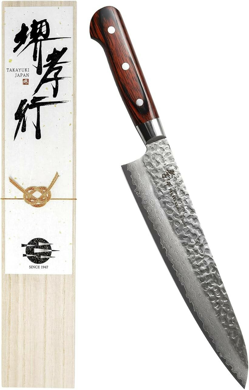 堺孝行 プロの料理人が愛用するブランド ダマスカス 牛刀 包丁 240mm V金10号 vg10 万能包丁 33層槌目 マホガニー柄 日本製 青木刃物製作所 (ダークブラウン, 牛刀包丁 240mm)