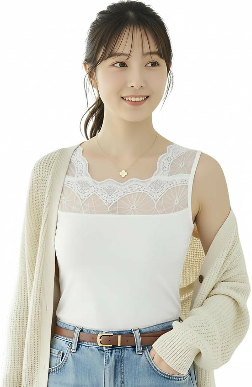 レース インナー ノースリーブ 見せる タンクトップ チラ見え防止 肌着 2Way セクシー ビスコース (ホワイト3枚, Free Size)