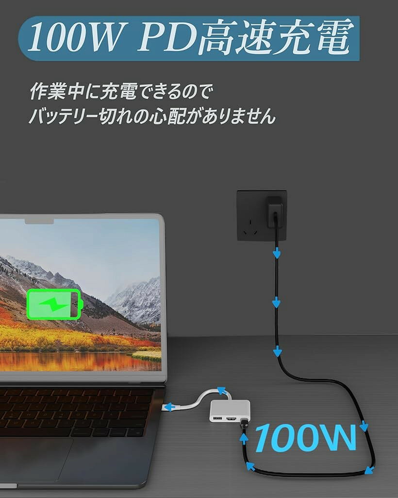 エムラインストアのUSB Type-C HDMIアダプタ USBタイプC 4K HDMIポート+USB 3.0ポート+タイプC 急速PD充電+USB2.0 2イン1ポート 変換アダプタ UHD iPhone 15+/MacBook Cデバイス対応 (しろいろ)｜アングル3
