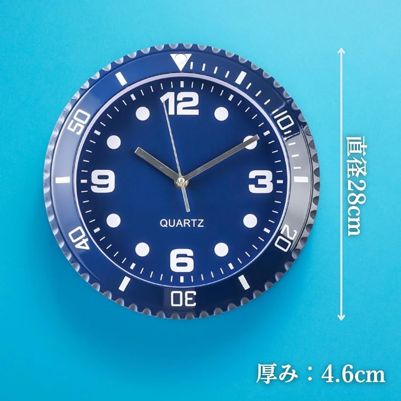 腕時計風掛け時計 壁掛け時計 選べる4カラー 大きく見やすい時計 直径28cm リビングルーム clock 掛時計 アナログ ブルー/青 (ブルー/青, 直径28cm) [3]