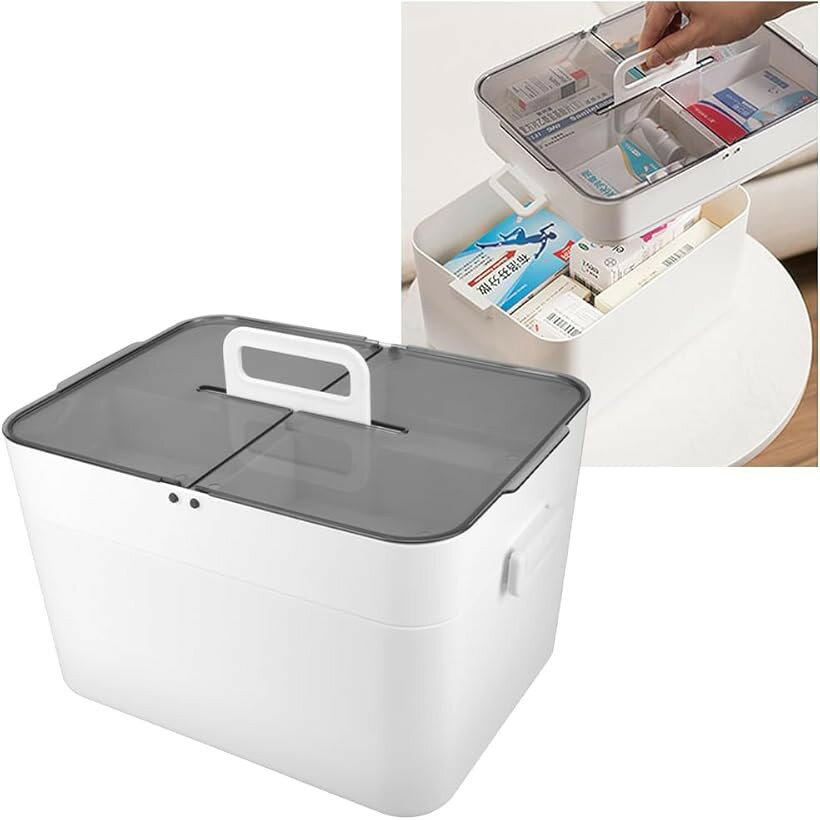 互換品2層式収納ボックス 多用途 クリア蓋付き 遮光性 深型 ツールボックス 仕切り (ホワイト, 28.5cmx21cmx17.5cm)