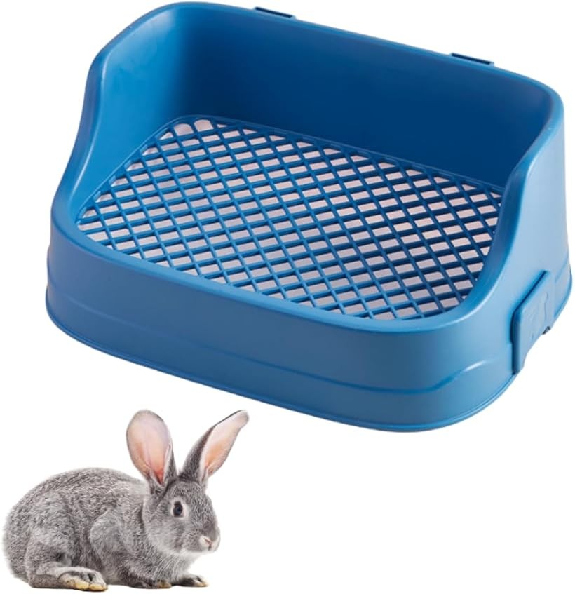 うさぎ トイレ ウサギ 上下分離式 ケージ固定 フック取り外し 12mmメッシュ (ブルー, 36x24x15.5cm)