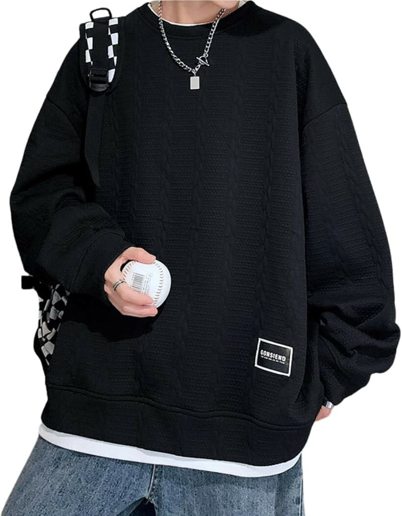 ゆったり トレーナー メンズ 重ね着風 長そでTシャツ 秋服 トップス プルオーバー 長袖 丸襟 カジュアル 襟なし 無地 立体柄 フェイクレイヤード (ブラック, L)