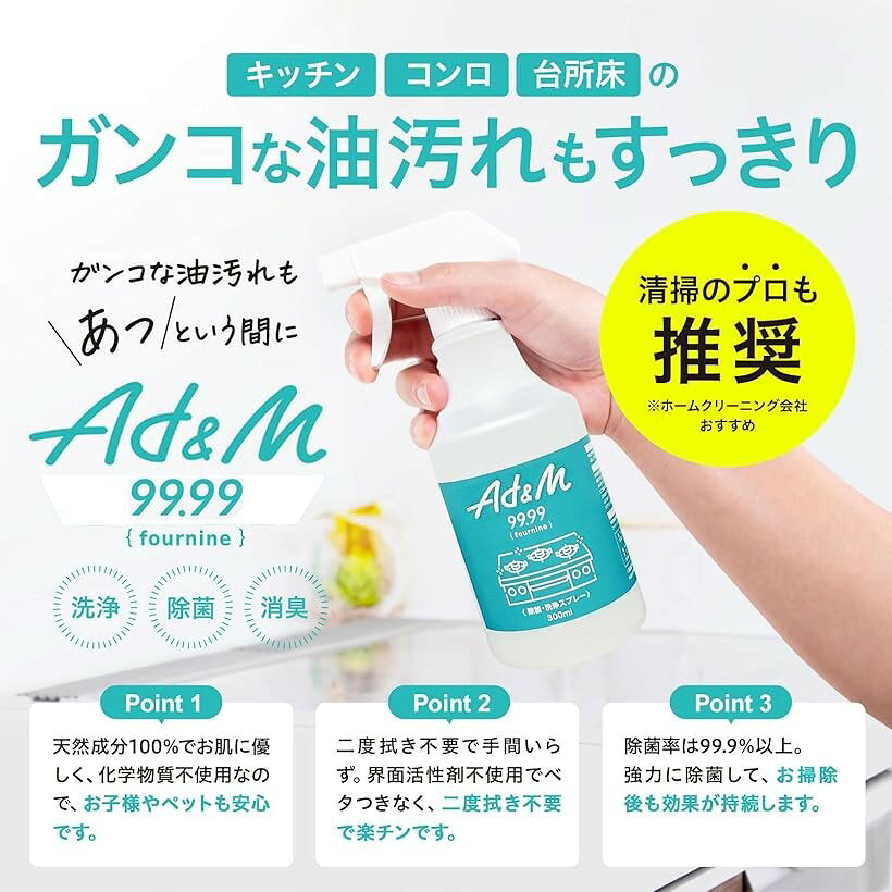 エムラインストアのfournine 強力 油汚れ キッチン 壁紙 床 洗浄 スプレー 無香料 二度拭き不要天然成分100%で肌と環境に優しい (無色透明, 300ml)｜アングル2