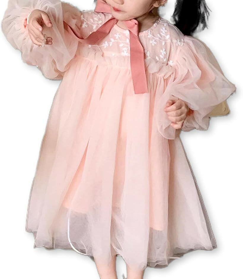 チュール レース ワンピース ピンク キッズ バルーン 袖 ベビー ドレス 子供 結婚式 誕生日 卒園式 入学式 発表会 90 女子 小 (ピンク, 90)