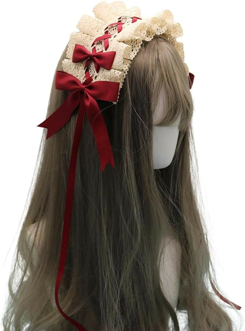 ヘッドドレス ゴスロリ ロリータ 髪飾り ヘアアクセサリー カチューシャ レース リボン ベージュxレッド 長さ30cm (ベージュxレッド, 長さ30cm)