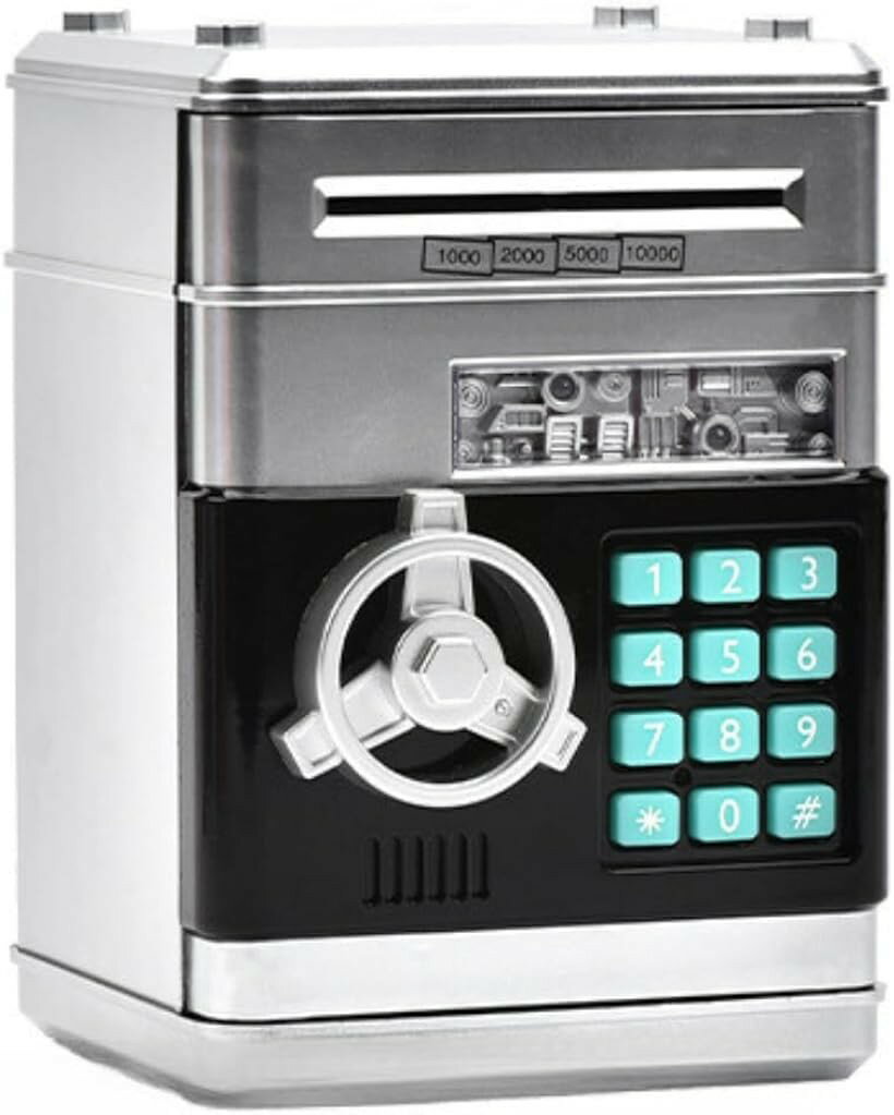 貯金箱 ダイヤルロック ATM 金庫 鍵付き おもしろ (シルバー, 13.3x13.5x19.5cm)