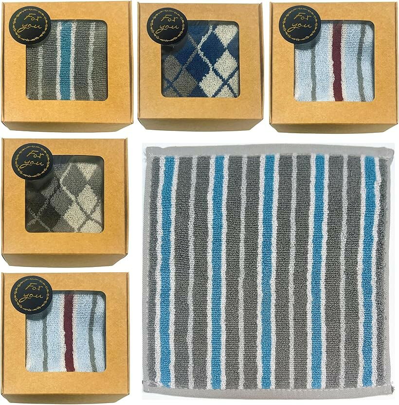 ギフト タオルハンカチ 20x20cm プチギフト プレゼント 個包装 ラッピング済 綿100％ 退職 (メンズ6枚, 中)