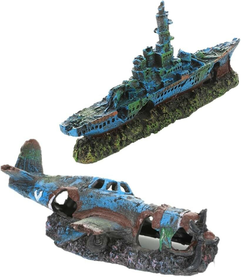 アクアリウム 水槽 オブジェ 戦闘機 潜水艦 戦艦 隠れ家 アクアリウムオーナメント インテリア 置物 飾り 戦闘機＆戦艦