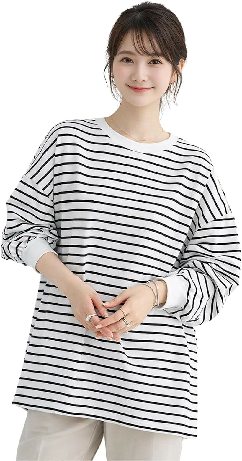 ボーダー 長袖tシャツ レディース ゆったり 体型カバー トップス ロングtシャツ カットソー ドロップショルダー クルーネック 大きめ 春 秋 着痩せ ボーダートップス (ホワイト, M)