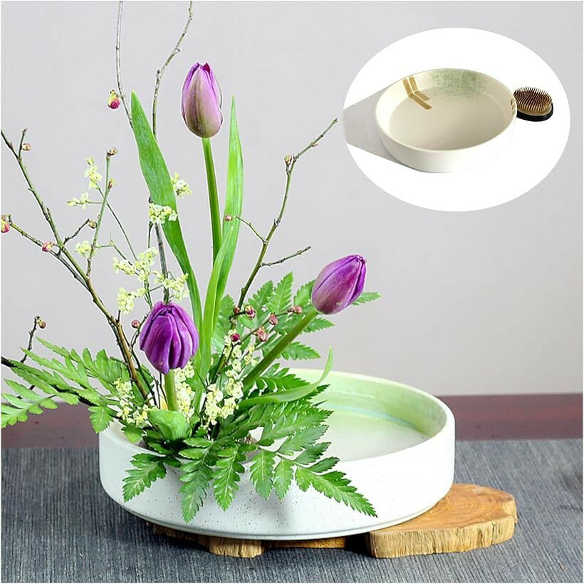 生け花 花器 水盤 20cm 剣山 丸型 ゴムリングつき 7cm 華道 陶器 フラワーアレンジ...