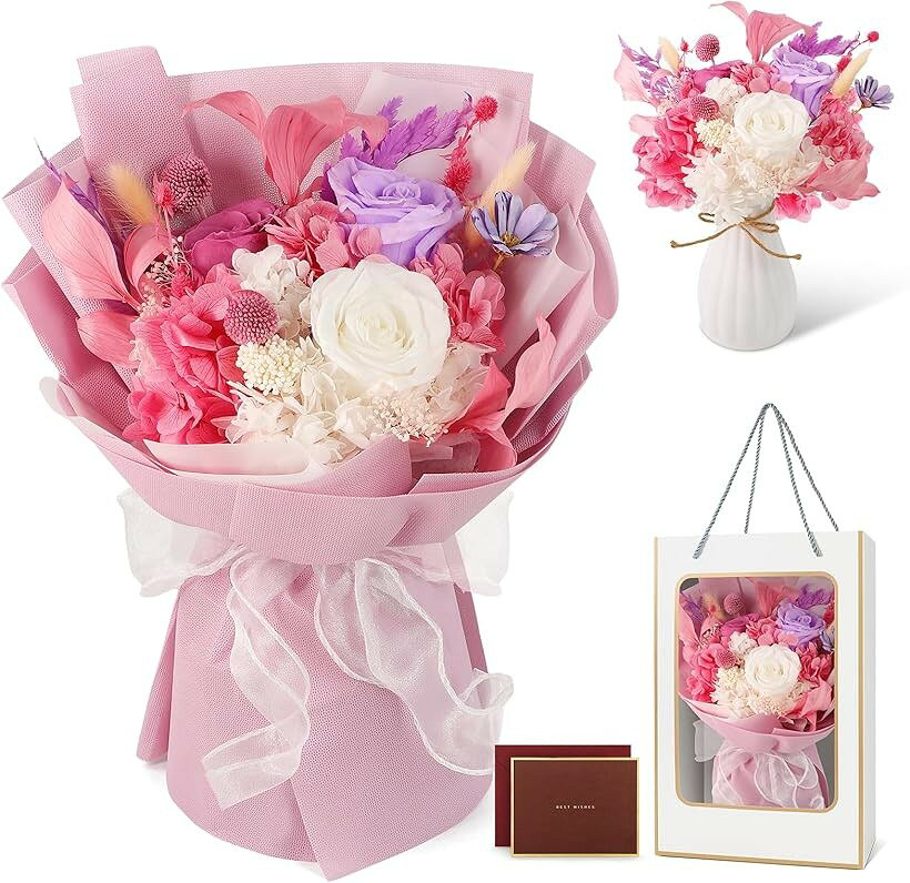 プリザーブドフラワー 枯れない花 花束 薔薇 香りあり 花瓶付き 誕生日 記念日 バレンタイン 卒業式 ホワイトデー お返し 女性 人気 ブーケ (ラベンダー)