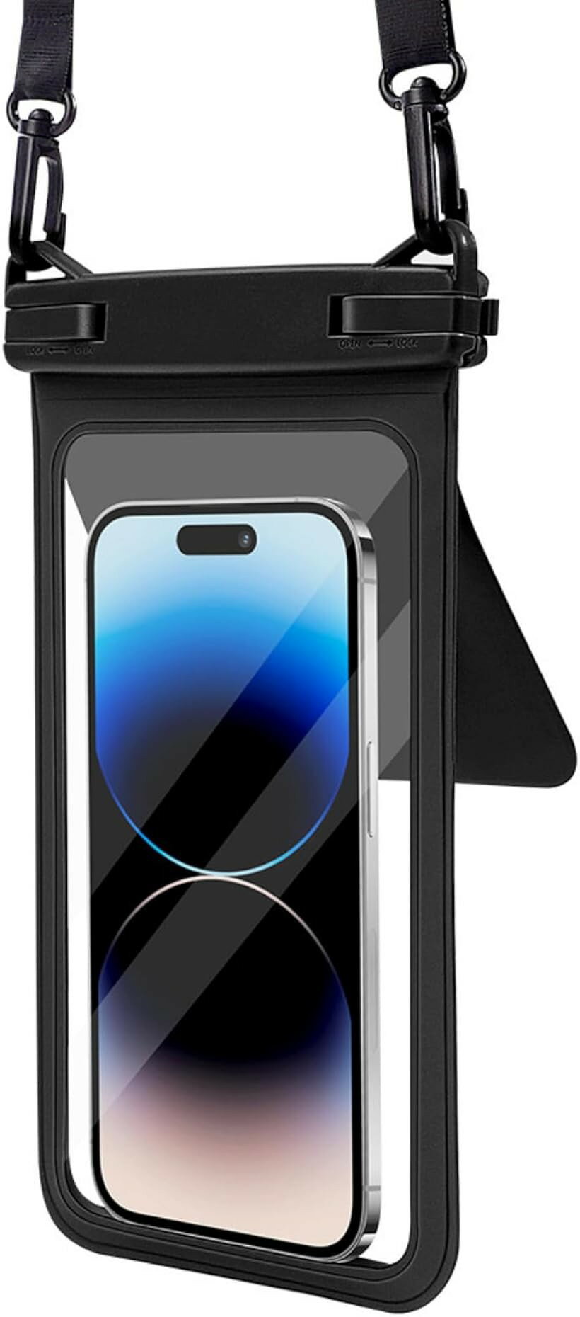 スマホケース 防水 収納ポケット 防災グッズ 首掛け IPX8 a563 (ブラック, 7.5インチ)