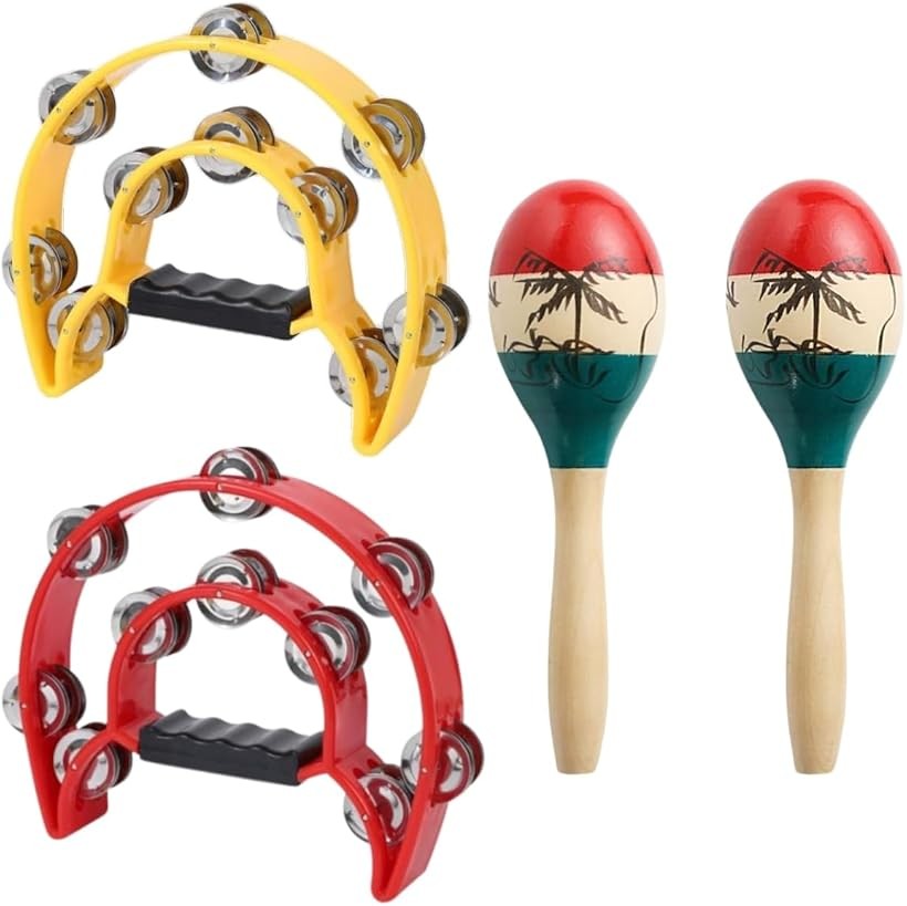 タンバリン マラカス 楽器 カラオケ パーカッション シェイカー 各2個セット (レッド＆イエロー)