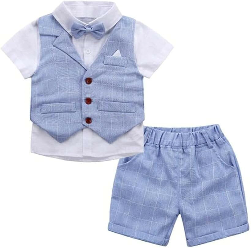 バリエーションコード : 2bu6qsrqqv商品コード2bu6sdijyy商品名子供 スーツ 男の子 フォーマル 半袖 4点セット ワイシャツ ベスト 半ズボン 蝶ネクタイ チェック柄 夏 結婚式 発表会 七五三 誕生日 お呼ばれ 記念撮影ブランドしあわせ倉庫カラーブルーサイズ等80「上品で爽やか」夏用スーツスタイルの子ども服で、チェック柄のハーフパンツ＆ベストが映えるデザイン。「着脱しやすい設計」シャツは前開きで、蝶ネクタイは取り外し可能。暑がりな子も快適な着心地。「幅広いシーンに対応」結婚式、ピアノ演奏会、お宮参り、七五三、誕生日などセレモニー服として活躍。「写真映えバッチリ」兄弟コーデや記念撮影にもぴったりなカジュアルフォーマルスタイル。「贈り物にも最適」ギフト用・プレゼント用にも喜ばれる、キッズ ベビー用衣装。※ 他ネットショップでも併売しているため、ご注文後に在庫切れとなる場合があります。予めご了承ください。※ 品薄または希少等の理由により、参考価格よりも高い価格で販売されている場合があります。ご注文の際には必ず販売価格をご確認ください。※ 沖縄県、離島または一部地域の場合、別途送料の負担をお願いする場合があります。予めご了承ください。※ お使いのモニタにより写真の色が実際の商品の色と異なる場合や、イメージに差異が生じることがあります。予めご了承ください。※ 商品の詳細（カラー・数量・サイズ 等）については、ページ内の商品説明をご確認のうえ、ご注文ください。※ モバイル版・スマホ版ページでは、お使いの端末によっては一部の情報が表示されないことがあります。すべての記載情報をご確認するには、PC版ページをご覧ください。「上品で爽やか」夏用スーツスタイルの子ども服で、チェック柄のハーフパンツ＆ベストが映えるデザイン。「着脱しやすい設計」シャツは前開きで、蝶ネクタイは取り外し可能。暑がりな子も快適な着心地。「幅広いシーンに対応」結婚式、ピアノ演奏会、お宮参り、七五三、誕生日などセレモニー服として活躍。「写真映えバッチリ」兄弟コーデや記念撮影にもぴったりなカジュアルフォーマルスタイル。「贈り物にも最適」ギフト用・プレゼント用にも喜ばれる、キッズ ベビー用衣装。