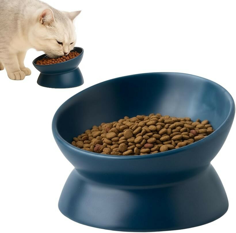 フードボウル 餌入れ 斜め設計で食べやすい 猫 小型犬 皿 えさ 水飲み 食器 おしゃれ かわいい ペット (ディープブルー)