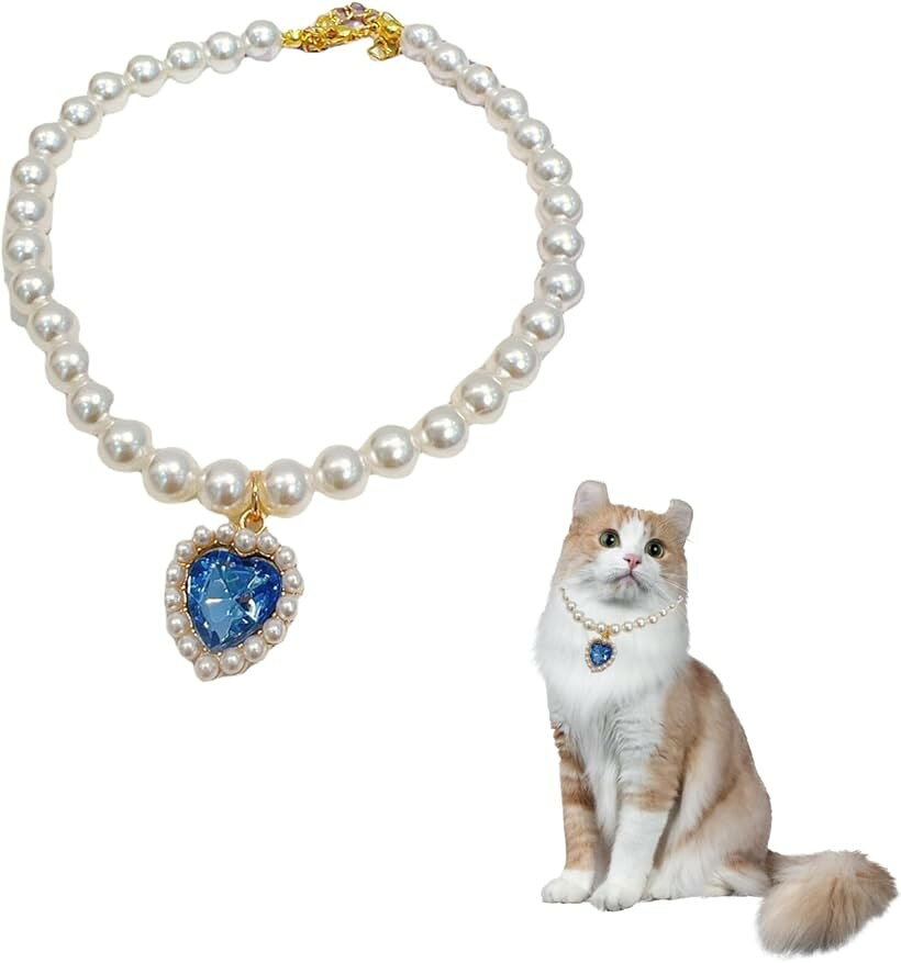 ペット 首輪 フェイクパール ネックレス 猫 小型犬用 ジュエリー ハート チャーム付き ラインストーン 調節可能 アクセサリー (ブルー, Sサイズ)