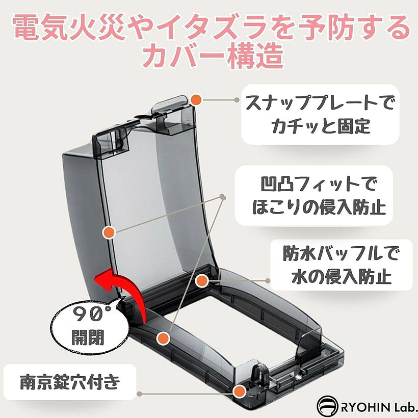 エムラインストアのコンセントカバー コンセントガード 施錠可能 被せるだけ ほこり防止 赤ちゃん ペット いたずら防止 キッチン 防水 賃貸 後付け 感電防止 盗電防止 (クリアブラック)｜アングル3