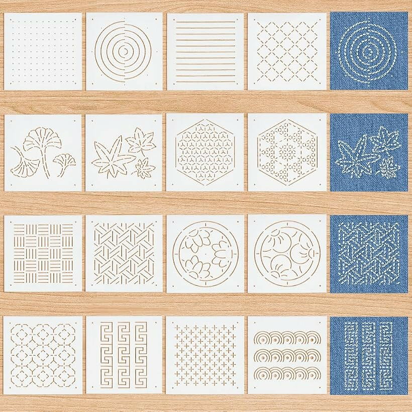 16枚 刺繍ステンシル 13x13cm 厚さ0.3mm 刺し子ステンシル 点と糸・もみじ・日本風パターンなど16スタイル PET 描画線テンプレート 刺し子テンプレート 刺繍ツール ハンドキルティング用