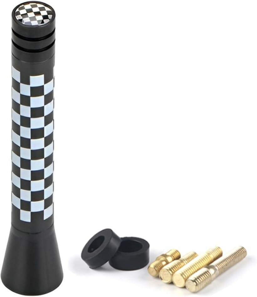 互換品ミニクーパー 互換 アンテナ MINI BMW ヘリカル ショート 簡単ドレスアップ..FM/AM ラジオ 車 F55 F56 R50 R53 R55 R56 R60 汎用 チェッカーフラッグ (チェッカーフラッグ, 7.7cm)