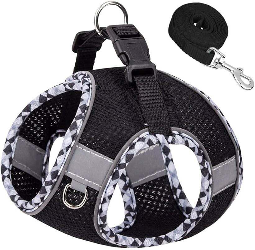 犬 ハーネス リードセット 小型犬 中型犬 猫用 通気メッシュ 抜けない 軽量 着脱簡単 引っ張り防止 反射付き 調整可 散歩用 かわいい おしゃれ (ブラック＆チェック, S)