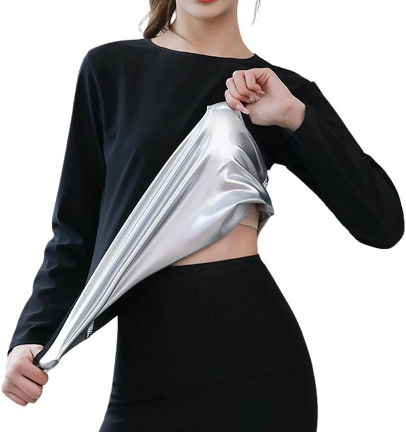 サウナスーツ 長袖 Tシャツ レディース 大きいサイズ インナー 発汗 トレーニング ウェア 伸縮 ストレッチ 洗濯可 (ブラック, 3XL)の商品画像
