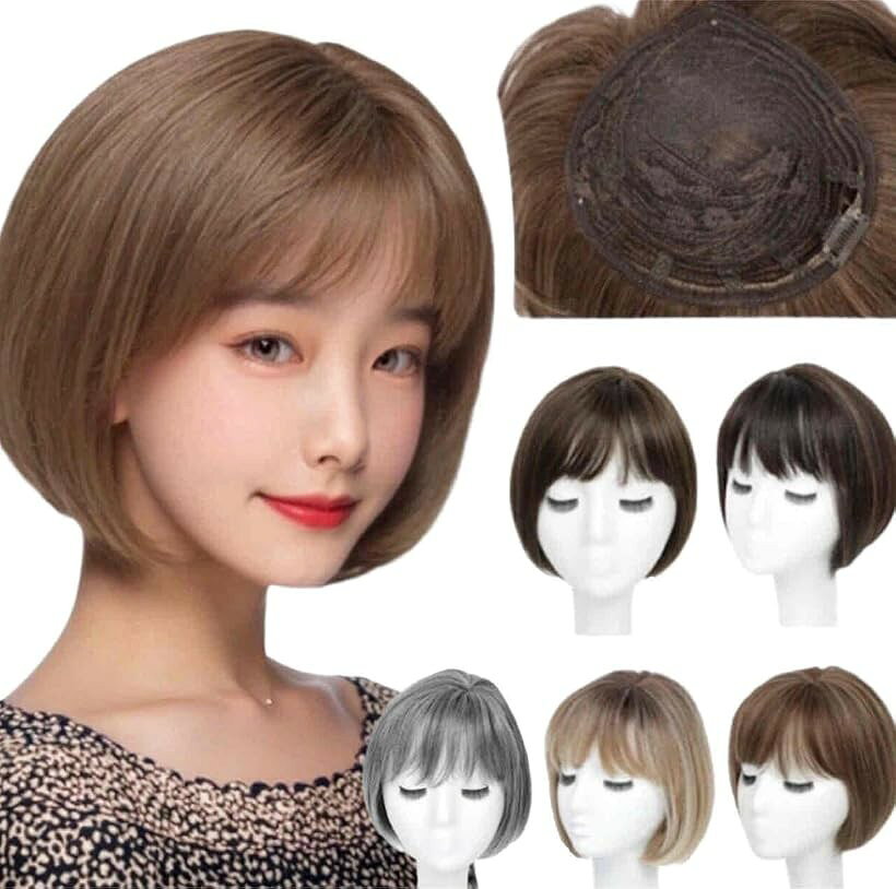 エムラインストアの部分ウイッグ ヘアピース ロングストレート ボブ 自然 30cm 50cm 通気性 人工スキン ポイントウイッグ 白髪かくし つけ毛 トップカバー 女性 レディース (ベージュMixブラウン, ミディアム)｜アングル2