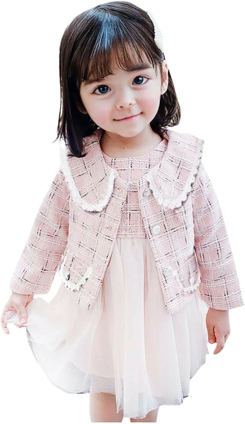 キッズ フォーマル 女の子 ワンピース ドレス チェック柄 ガールズ ジャケット 子供服 長袖 入園式 卒園式 入学式 七五三 結婚式 発表会 (ピンク, 110)