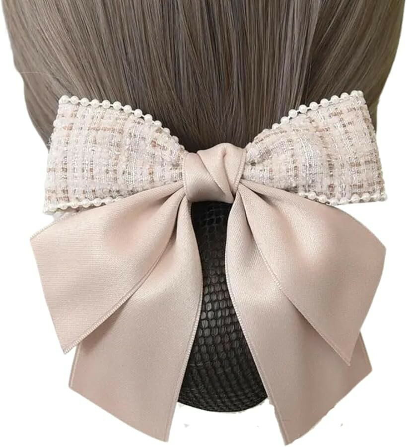 シニヨンネット バレッタ ネット付き ツイード お団子ネット リボン 大きめヘアネット 髪ネット エレガンス レディース ヘアアクセサリー 髪留め (ベージュ)
